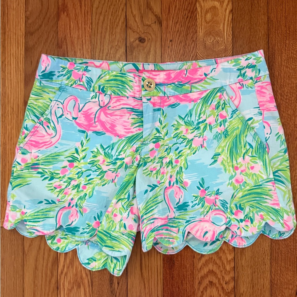 Lilly Pulitzer Pink Flamingo and Green Leaf Print Shorts